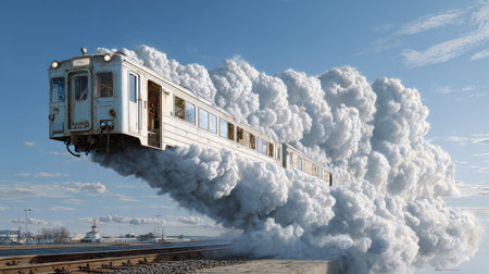 A surreal image depicting a train emerging from thick clouds set against a beautiful sky. This captivating scenery invites viewers to imagine adventures and journeys.の素材