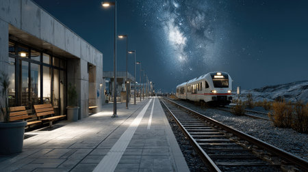 A serene nighttime scene at a train station showcasing modern architecture under a stunning Milky Way sky, reflecting tranquility and exploration.の素材