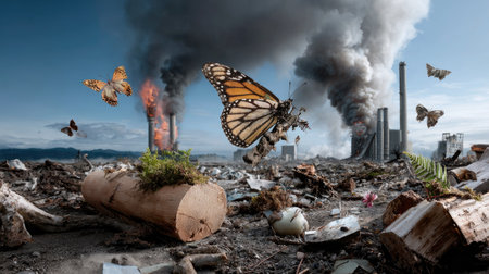 This surreal image illustrates the stark contrast between beauty and destruction, featuring butterflies amidst smoke and industrial decay.の素材
