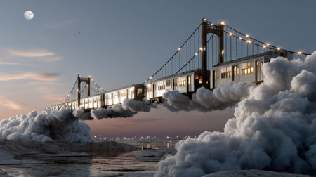 A surreal scene of a train crossing a magnificent floating bridge surrounded by clouds, illuminated by a moonlit sky at twilight.の素材