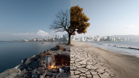 This image beautifully contrasts the effects of urbanization and nature, showcasing a stark divide between environmental devastation and a thriving city skyline.の素材