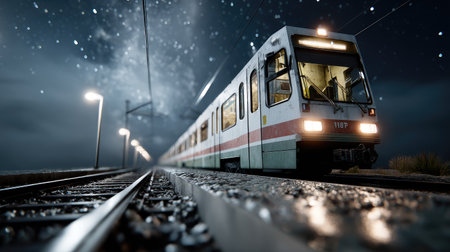 A tranquil nighttime scene showcasing a train on illuminated tracks under a starry sky. The peaceful atmosphere highlights transportation and urban exploration.の素材
