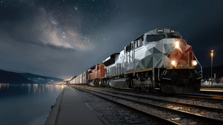 A striking nighttime scene featuring a train parked by the water, with a stunning starry sky above. The reflection creates a serene atmosphere, highlighting industrial beauty.の素材