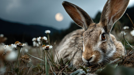 A peaceful scene featuring a rabbit resting among flowers in a field under a moonlit sky at dusk, capturing the beauty of wildlife in a serene environment.の素材