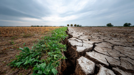 This striking image captures the contrast between green vegetation and cracked soil in an agricultural field, highlighting environmental challenges and drought impact.の素材