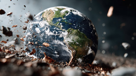 This captivating image depicts Earth amidst rocky debris, highlighting environmental challenges and the urgency of protecting our precious planet.の素材