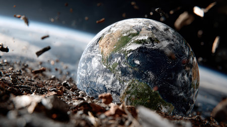 A captivating image of Earth viewed from space, showcasing its natural beauty surrounded by floating asteroids and cosmic debris, symbolizing exploration.の素材