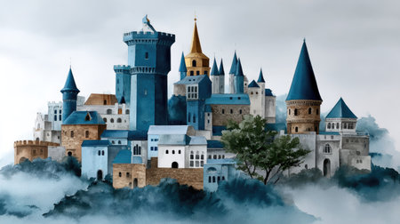 This stunning illustration showcases a fantasy castle nestled among misty mountains and lush greenery, evoking a sense of magic and wonder.の素材