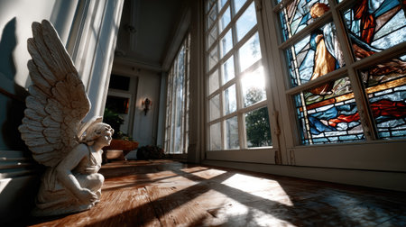 Captivating interior view featuring a delicate angel sculpture alongside a vibrant stained glass window, bathed in warm sunlight, creating a tranquil atmosphere.の素材