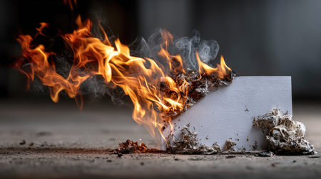 A striking image of paper engulfed in flames, showcasing dynamic fire and smoke against a dark backdrop, illustrating themes of destruction and transformation.の素材