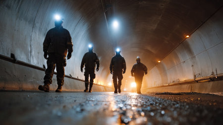 A group of workers in protective gear walks through a dimly lit tunnel, showcasing teamwork and expertise in a mining sector environment.の素材