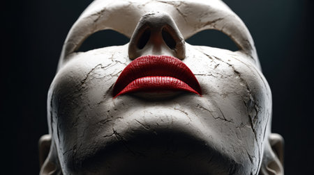 A captivating close-up of a cracked mannequin face featuring vibrant red lips, set against a dark background, evoking emotion and artistic expression.の素材