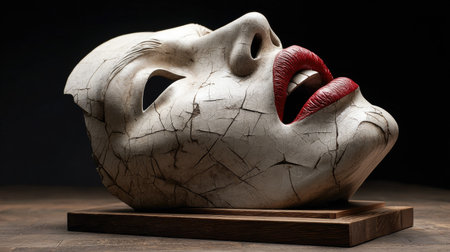 This captivating artwork features a cracked mask with vibrant red lips resting on a wooden base, evoking emotions of vulnerability and surrealism.の素材