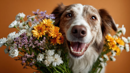A cheerful dog surrounded by colorful flowers brings joy and warmth. The vibrant orange background enhances the lively, friendly atmosphere ideal for pet lovers and nature enthusiasts.の素材