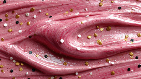 A close-up view of a pink dessert topping with smooth swirls and colorful sprinkles, perfect for decorating cakes and pastries on special occasions.の素材