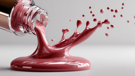 A captivating image featuring a pink nail polish pouring from a bottle, creating an artistic splash on the surface, showcasing vibrant color and fluid motion.の素材