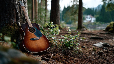 A serene acoustic guitar leans against a tree trunk, surrounded by vibrant greenery and a stunning natural landscape, perfect for nature enthusiasts.の素材