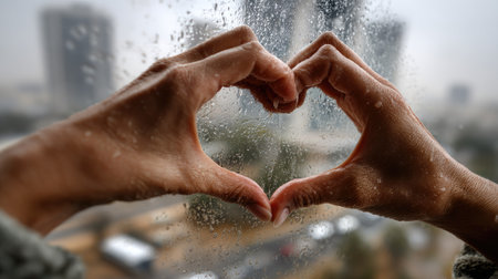A pair of hands creates a heart shape against a rainy window, embodying love and connection amidst an urban backdrop filled with raindrops.の素材