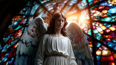 An ethereal angelic figure with majestic wings stands gracefully against a vibrant stained glass window, radiating tranquility and spiritual beauty in soft, heavenly light.の素材