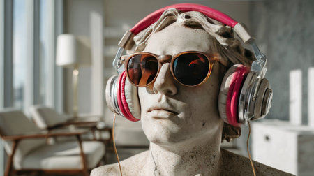 A striking modern sculpture adorned with vibrant headphones and stylish sunglasses, set in a well-lit, elegant interior, embodying contemporary culture and art.の素材
