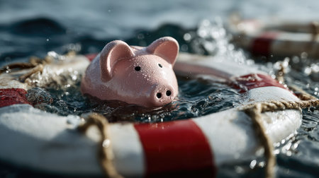 A whimsical pink piggy bank floats on a red and white lifebuoy in sparkling water, symbolizing financial security and playful savings strategies.の素材