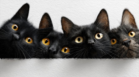 This charming image features five curious cats with striking yellow eyes peeking over a white surface, showcasing their playful curiosity and unique expressions.の素材
