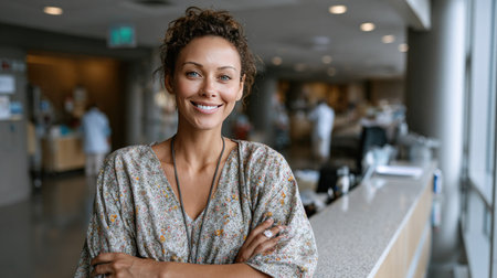 This image features a smiling woman with curly hair standing confidently in a modern hospital setting, radiating warmth and professionalism in patient care.の素材