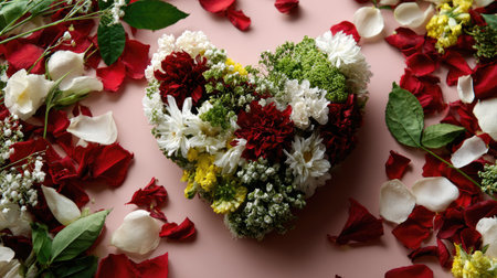 A beautiful heart-shaped floral arrangement sits on a soft pink backdrop surrounded by scattered petals and greenery, perfect for expressing love and celebration.の素材