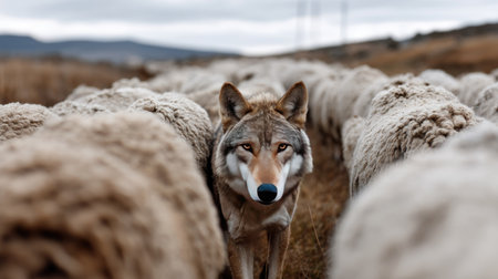 A striking image of a coyote walking confidently through a herd of sheep, capturing the beauty and tension in nature's predator-prey dynamic in a serene landscape.の素材