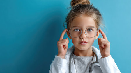 A charming young girl wears glasses and a white coat, playfully pretending to be a doctor. The blue background enhances her confidence and innocence, symbolizing aspirations and creativity in healthcare.の素材