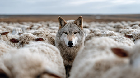 A striking image featuring a wolf standing resolutely among a herd of sheep in a scenic rural landscape. The contrast highlights the predator-prey dynamic in nature.の素材