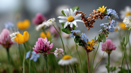 A captivating heart-shaped display of vibrant wildflowers creates a stunning visual in a serene meadow. Perfect for nature lovers and floral enthusiasts.の素材