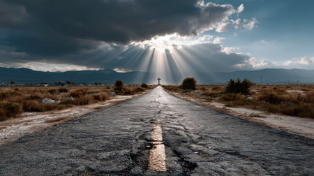 An evocative image capturing an abandoned road stretching into the distance, framed by dramatic skies with rays of light shining through the clouds, creating a peaceful yet mysterious atmosphere.の素材