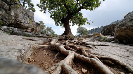 A striking tree stands proudly amidst a rugged landscape, its roots sprawling over rocky terrain. This image captures the serene beauty of nature, showcasing the intricate details of the tree's roots and the surrounding environment, perfect for outdoor enthusiasts and nature lovers.の素材