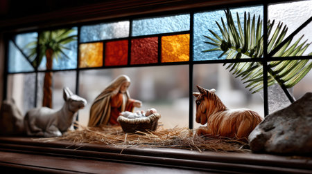 This captivating nativity scene features beautifully crafted figurines set against a colorful stained glass window, evoking warmth and faith during the holiday season.の素材