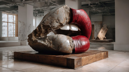 A striking abstract sculpture depicting lips, crafted from textured stone and bold red paint, set in a spacious modern gallery, highlighting artistic innovation.の素材