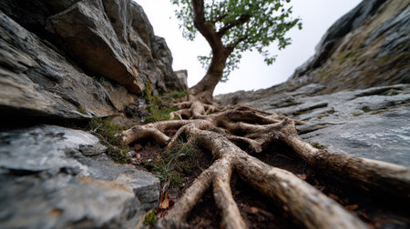 A low-angle view of a tree with exposed roots growing out of rocky terrain, highlighting the strength and beauty of nature amidst challenging conditions.の素材