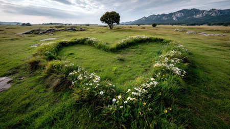 A heart-shaped flower bed adorned with vibrant blossoms sits peacefully in a lush green meadow, framed by majestic mountains and a serene sky.の素材