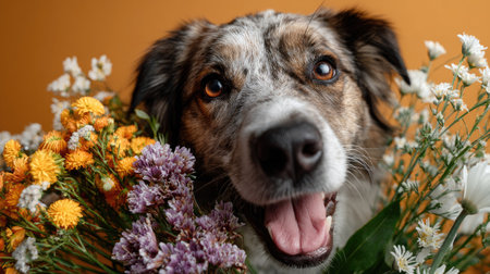 This captivating image features a joyful dog highlighted by a vibrant collection of flowers. The cheerful expression emphasizes a lively bond with nature.の素材