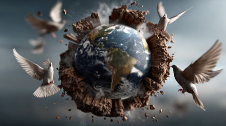 A striking visual of Earth at the center of a crumbling landscape, surrounded by flying pigeons, symbolizing hope and resilience in the face of environmental challenges.の素材