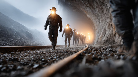 A group of miners equipped with headlamps strides confidently through a dimly lit tunnel. The atmosphere captures the essence of underground exploration and teamwork.の素材