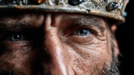 This powerful close-up showcases the expressive face of a crowned male monarch, emphasizing deep wrinkles and a piercing gaze, symbolizing age and wisdom.の素材