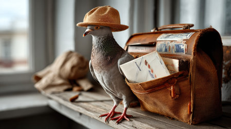 A whimsical scene featuring a pigeon wearing a stylish hat perched beside a vintage bag, exuding charm and creativity in a cozy interior environment.の素材
