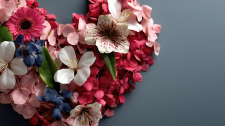A stunning heart-shaped arrangement of colorful flowers rests on a gray background, perfect for celebrating love and beauty in any design project.の素材