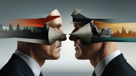 This surreal artwork illustrates the complex interplay between human emotions and identities, capturing the essence of duality and perception.の素材