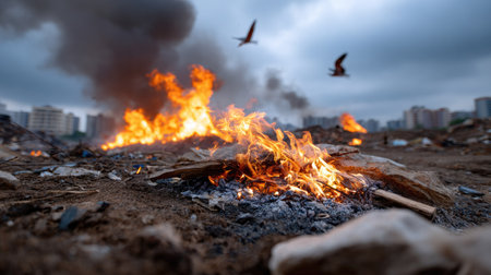 This striking image captures intense flames and smoke rising from ground debris, with birds soaring in the cloudy sky. A dramatic portrayal of nature's power.の素材