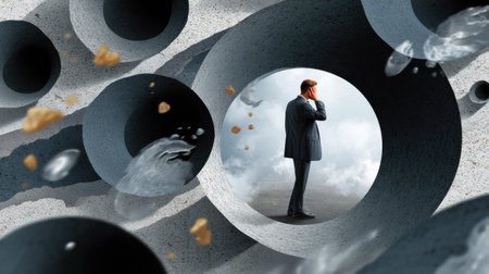 A businessman in a suit stands in a circular opening, conveying stress and isolation amid dynamic abstract elements, representing emotional struggles in a corporate landscape.の素材