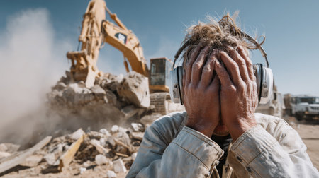 A worker expressing distress and anxiety while surrounded by heavy machinery and dust at a construction site. The image captures the emotional challenges faced in manual labor.の素材