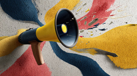 A colorful megaphone emerges against an artistic background, featuring vibrant paint splashes on a textured wall. This image symbolizes communication and expression.の素材