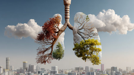 This surreal image illustrates the connection between nature and urban living, depicting lungs made of trees against a city skyline for environmental awareness.の素材